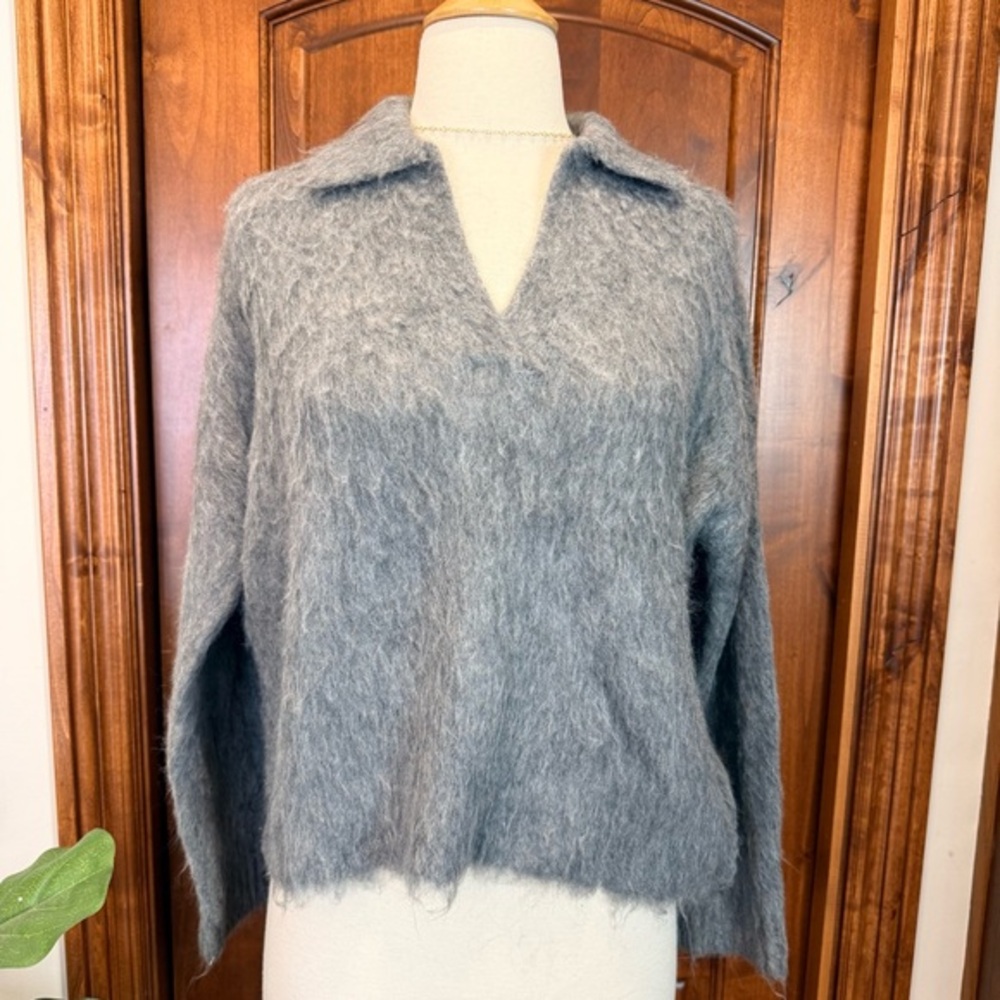 💋Madewell Women's polo brush Fuzzy Gray V-Neck Sweater size XXS